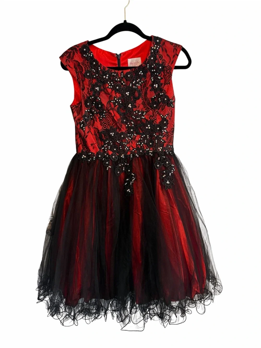 Girls Red & Black Lace-Embellished Tulle Party Dress